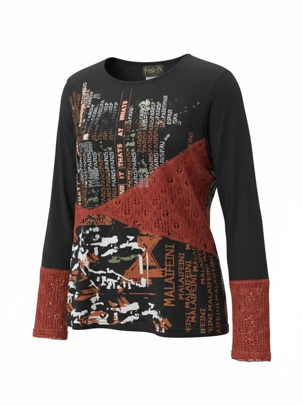 fresh fx Black Rust Artsy Collage Patch work Gothic Y2K Long Sleeve Top Sz L - Picture 3 of 7